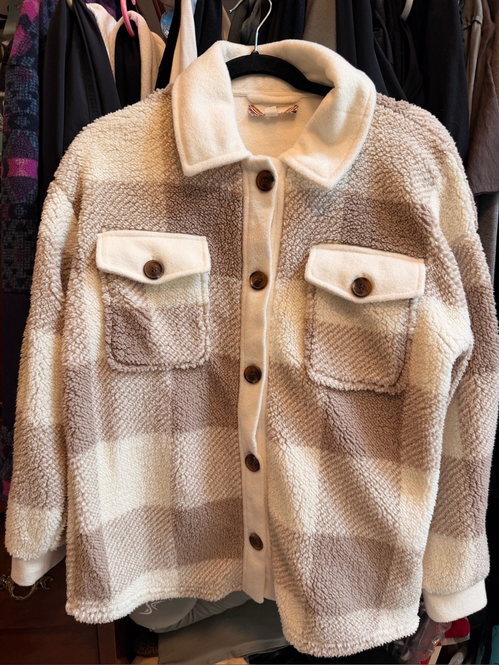 Pink Rose Cozy Sherpa Button-Front Jacket - Cream & Light Brown Med NWOT
